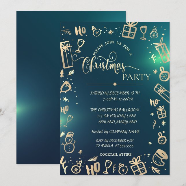 Invitation Soirée de Noël Elegant Gold Green Company (Devant / Derrière)