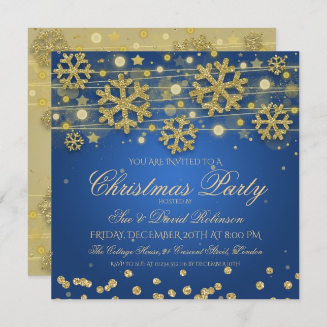 Invitation Soirée de Noël Elegant Gold & Navy (Devant / Derrière)