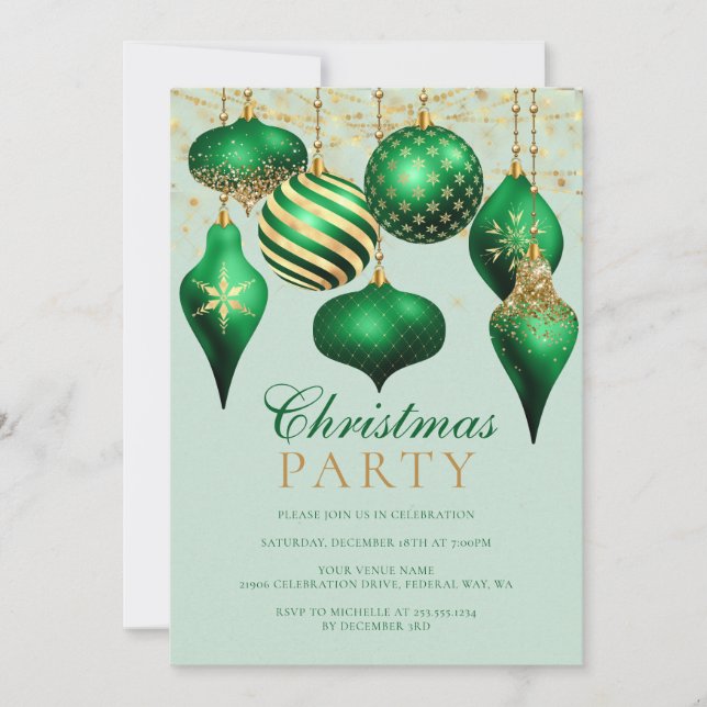 Invitation Soirée de Noël Elegant Green Gold (Devant)