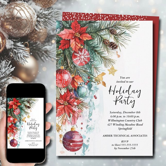 Invitation Soirée de Noël Elegant Poinsettia (Elegant Poinsettia Christmas Party Invitations - INSTANT DOWNLOAD and/or PRINTED)