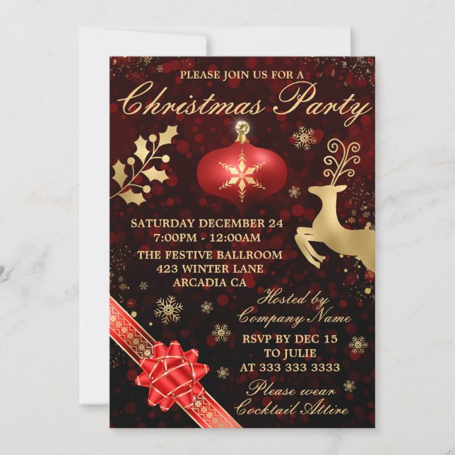 Invitation Soirée de Noël Elegant Red & Gold Bauble & Ribbon (Devant)