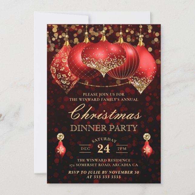 Invitation Soirée de Noël Elegant Red & Gold Baubles (Devant)