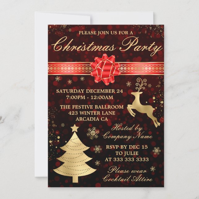 Invitation Soirée de Noël Elegant Red & Gold Foil (Devant)