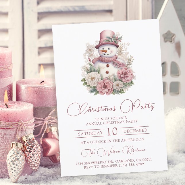Invitation Soirée de Noël Elegant Rose Floral Snowman (Créateur téléchargé)