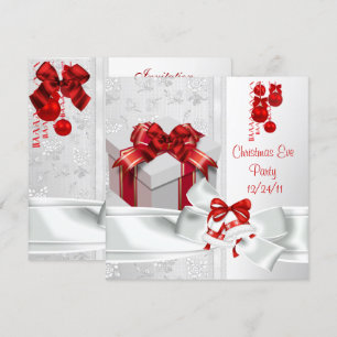 Invitation Soirée de Noël Élégant Ruban Rouge Blanc en Dentel