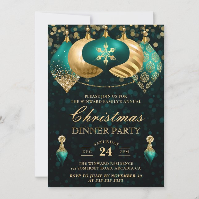 Invitation Soirée de Noël Elegant Turquoise & Gold Baubles (Devant)