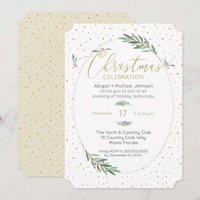 Invitation Soirée de Noël Elegant Vert et Or Aquarelle (Devant / Derrière)