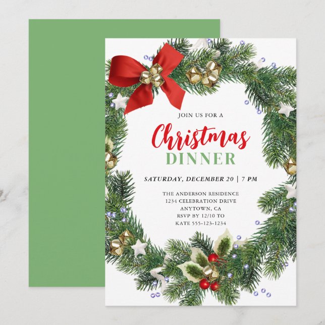 Invitation Soirée de Noël Elegant Wreath (Devant / Derrière)