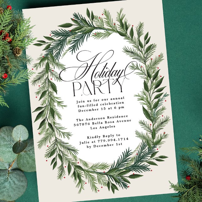 Invitation Soirée de Noël élégante à la couronne de pin class (Créateur téléchargé)