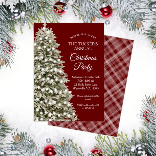 Invitation Soirée de Noël élégante Arbre rouge Plaid Noël (Elegant Christmas Tree Christmas Party Invitation with Dark Red Plaid)