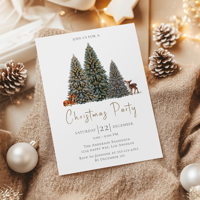 Invitation Soirée de Noël élégante avec arbre d'hiver et cerf (Créateur téléchargé)