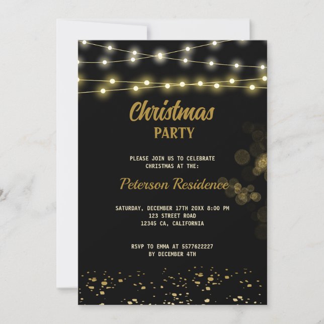 Invitation Soirée de Noël Elégante Black Gold Bow (Devant)
