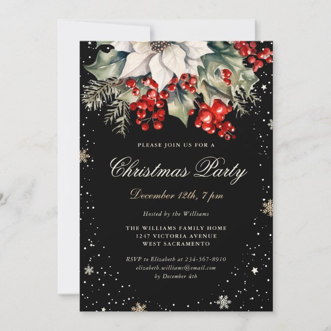 Invitation Soirée de Noël Elégante Black Poinsettia Berries (Devant)