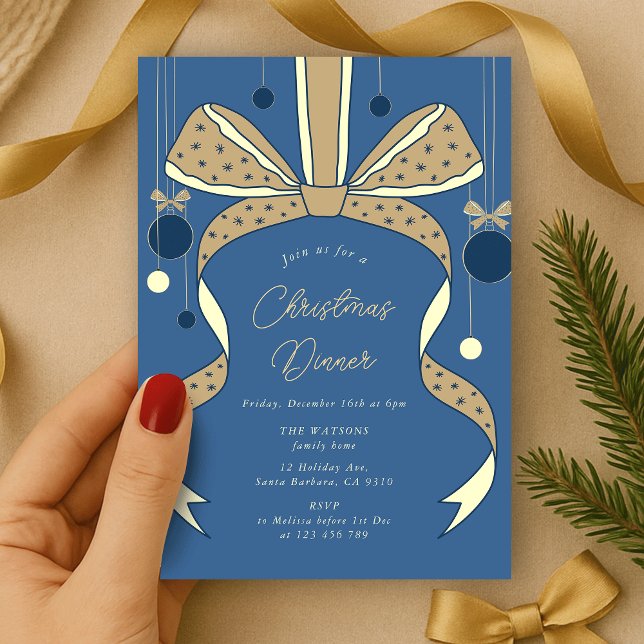 Invitation Soirée de Noël Elégante Bow Beige Bleu & Ribbons (elegant bow and ribbon Christmas party invitation blue and cream)