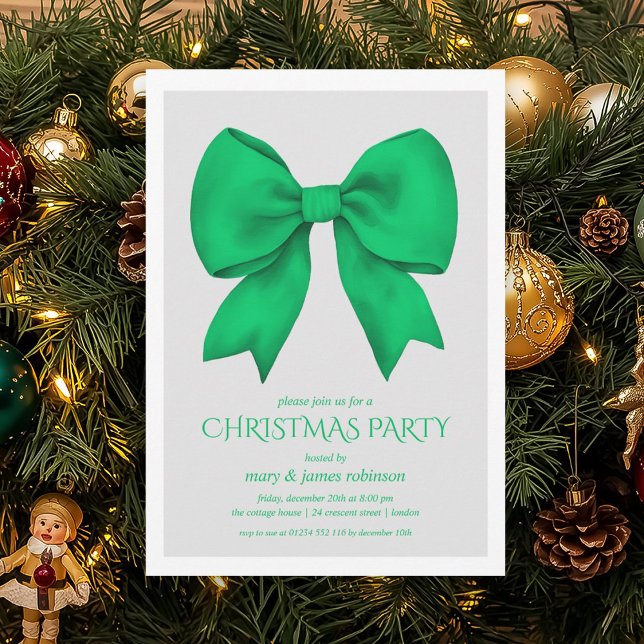 Invitation Soirée de Noël Elégante Bow Green (Elegant Green Bow Christmas Holiday Party Invitation)