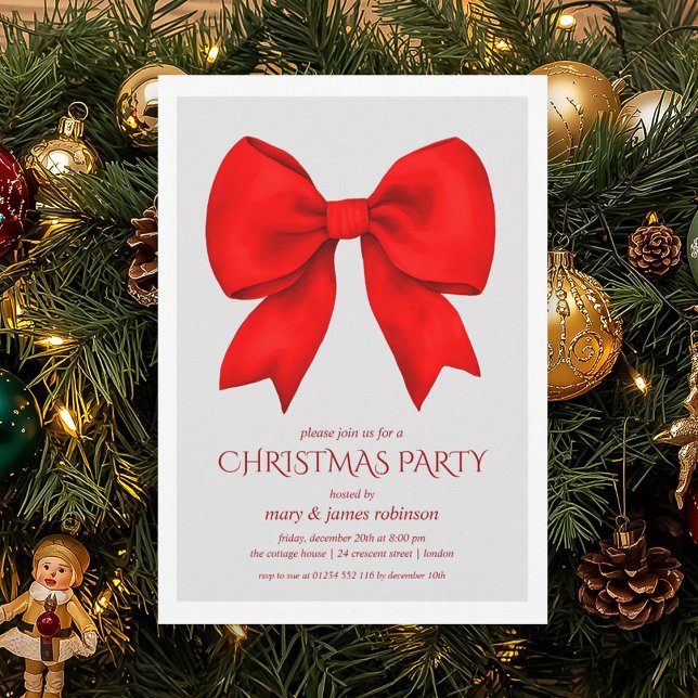 Invitation Soirée de Noël Elégante Bow Rouge (Elegant Red Bow Christmas Holiday Party Invitation)