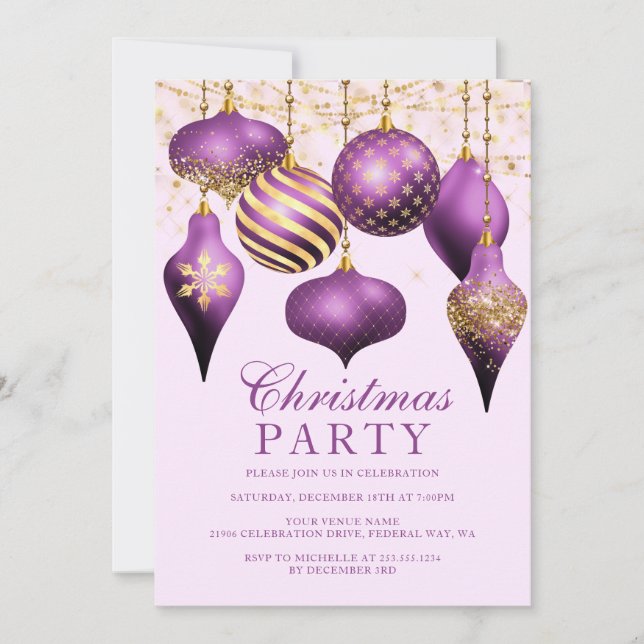Invitation Soirée de Noël élégante en or violet (Devant)