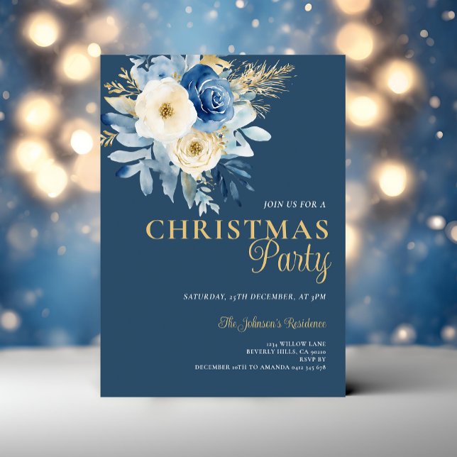 Invitation Soirée de Noël élégante Fleurs blanches et bleues  (Créateur téléchargé)