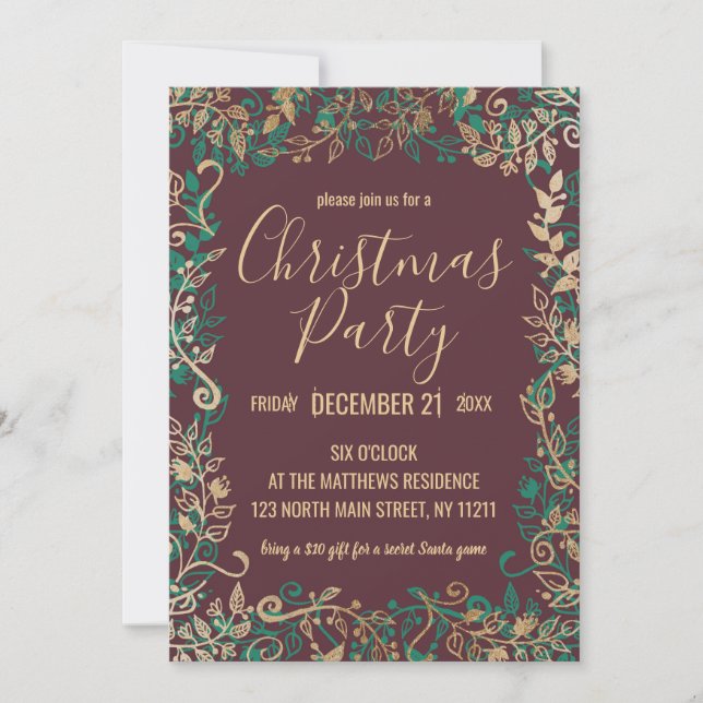 Invitation Soirée de Noël Elégante Gold Green Red Floral (Devant)