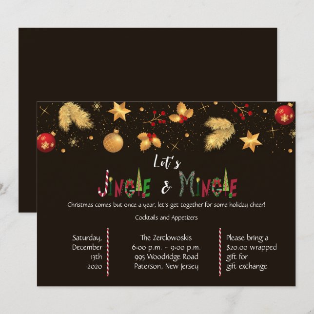 Invitation Soirée de Noël Elégante Jingle & Mingle (Devant / Derrière)