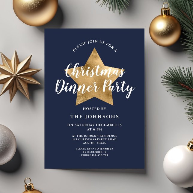 Invitation Soirée de Noël Elégante Marine Blue Gold Star (Elegant Navy Blue Gold Star Christmas Dinner Party Invitation)