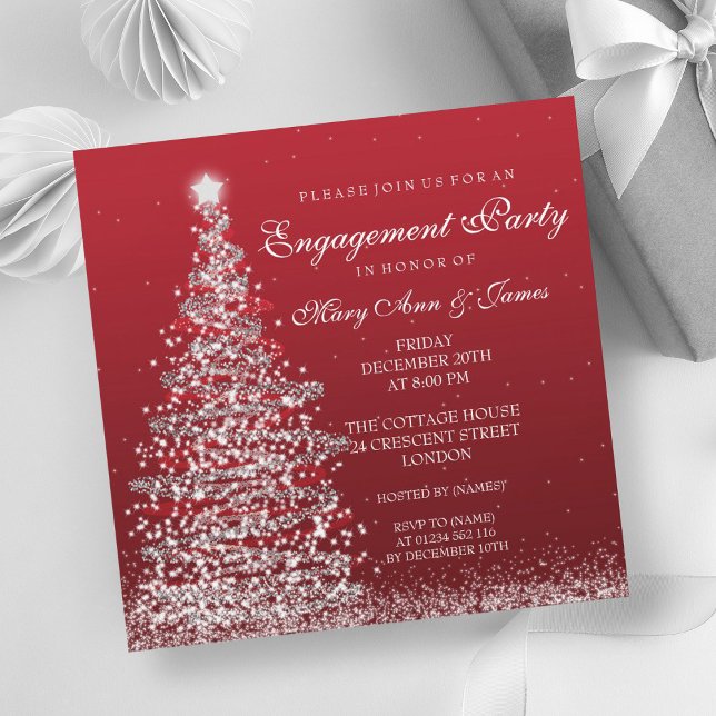 Invitation Soirée de Noël Elégante Party Red Silver (Elegant Christmas Engagement Party Red Silver Invitation)