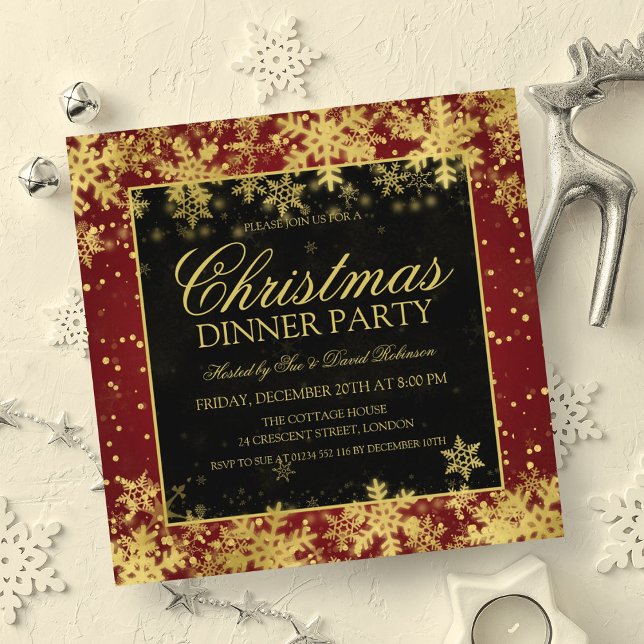 Invitation Soirée de Noël Elégante Red Gold (Elegant Red Gold Christmas Dinner Party Winter Invitation)