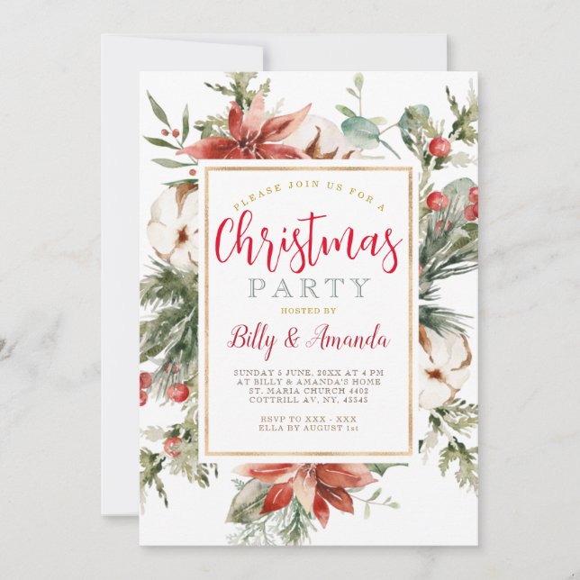 Invitation Soirée de Noël élégante Rouge Blanc Floral Mistlet (Devant)