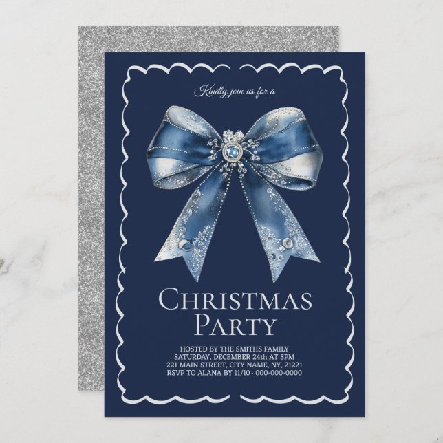 Invitation Soirée de Noël Elégante XL Bow Blue Silver Parties (Devant / Derrière)