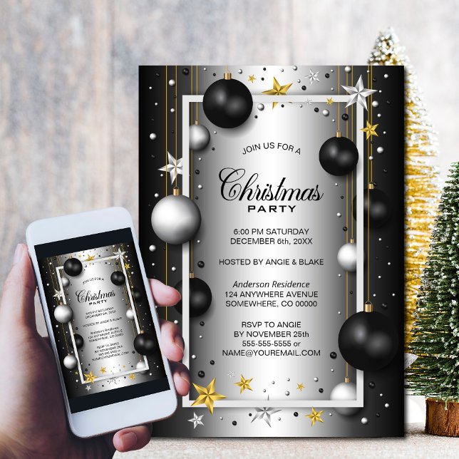 Invitation Soirée de Noël en argent noir (Créateur téléchargé)