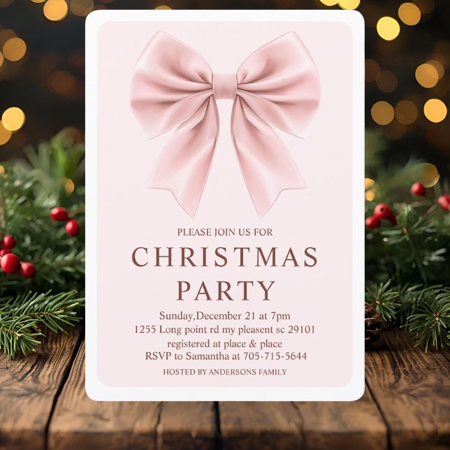 Invitation Soirée de Noël en Bow rose | Vacances élégantes (Créateur téléchargé)