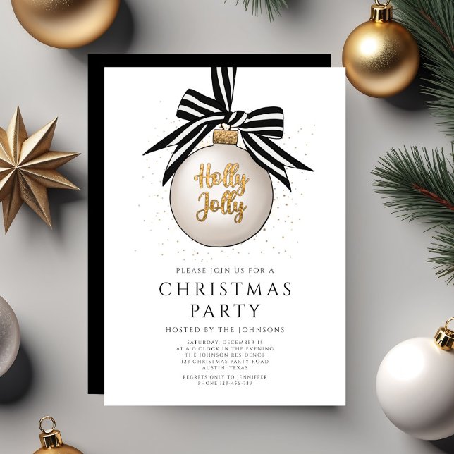 Invitation Soirée de Noël en or noir et blanc (Elegant Black And White Gold Christmas Party Invitation)