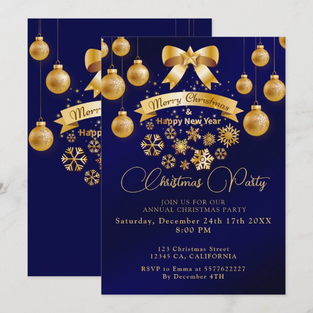 Invitation Soirée de Noël Festif Golden Bow Blue (Devant / Derrière)
