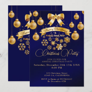 Invitation Soirée de Noël Festif Golden Bow Blue