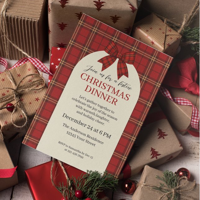 Invitation Soirée de Noël Festive Plaid and Bow - (Créateur téléchargé)