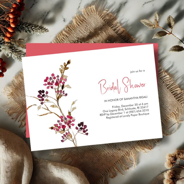Invitation Soirée de Noël Fête des mariées élégante (Rustic bridal shower invitations watercolor berries and botanicals)
