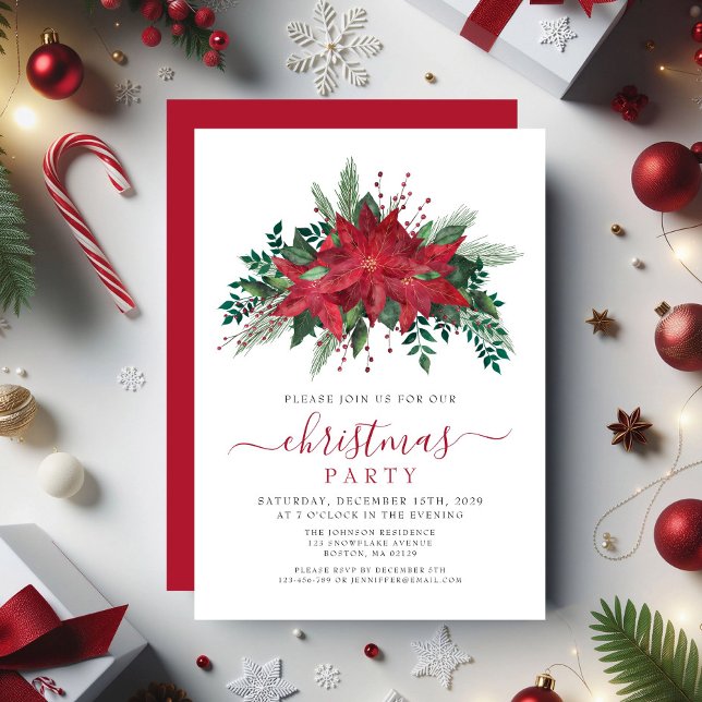 Invitation Soirée de Noël florale élégante de la Poinsettia r (Elegant Red Poinsettia Floral Christmas Party Invitation)