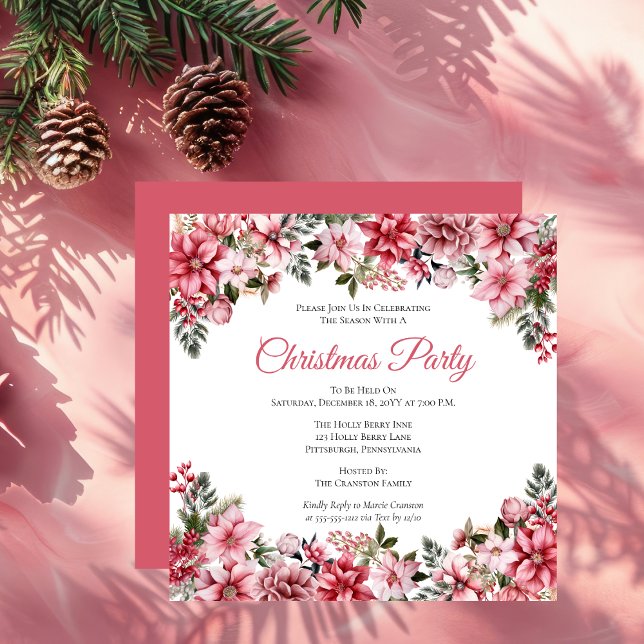 Invitation Soirée de Noël Florale Pink Poinsettias (Elegant Pink Poinsettias Floral Christmas Party Invitation)