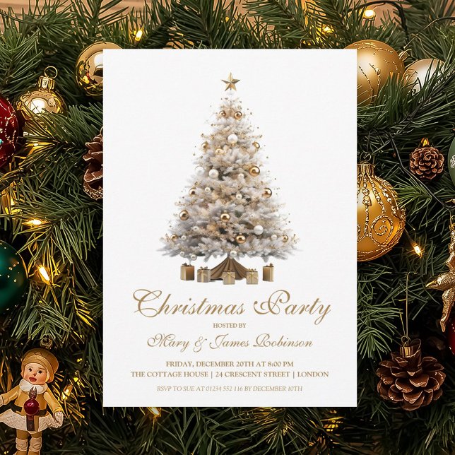 Invitation Soirée de Noël Gold (Elegant Gold Christmas Tree Holiday Party Invitation)
