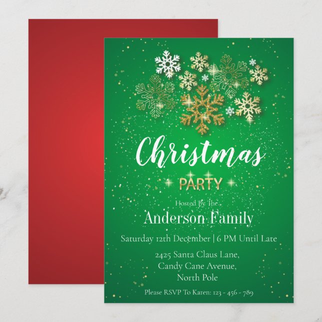 Invitation Soirée de Noël Gold, Green & Red (Devant / Derrière)