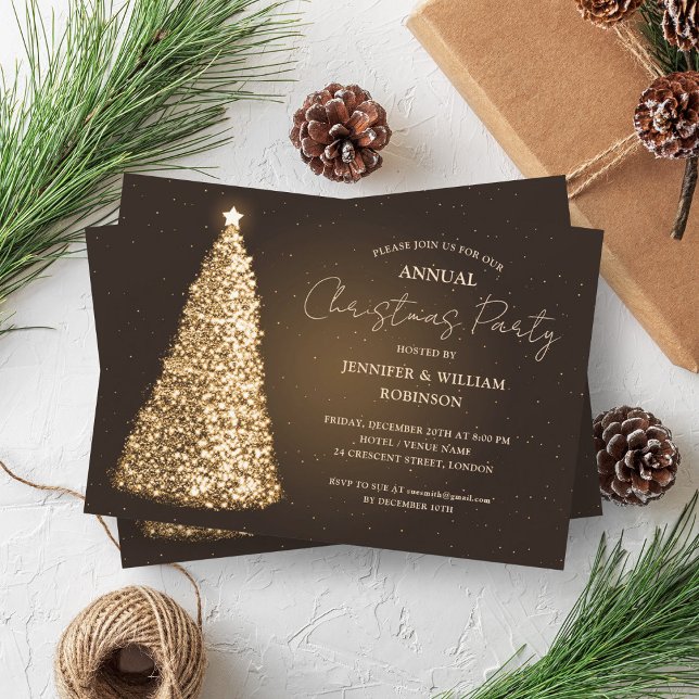 Invitation Soirée de Noël Gold Sparkle (Elegant Gold Xmas Tree Sparkle Holiday Party Invitation)