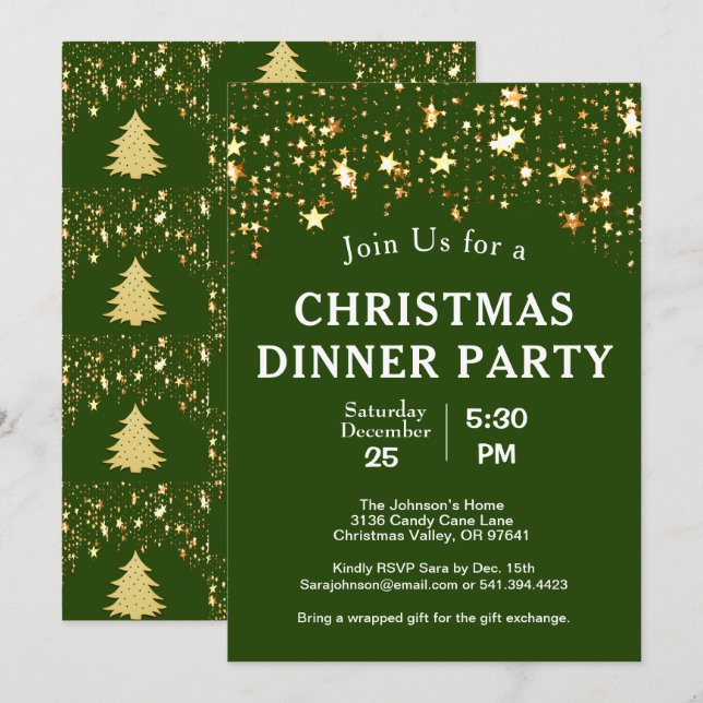 Invitation Soirée de Noël Gold Stars Arbres Green (Devant / Derrière)
