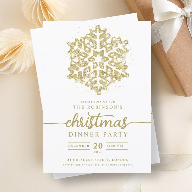 Invitation Soirée de Noël Gold Winter (Modern Gold Winter Snowflake Christmas Party Invitation)