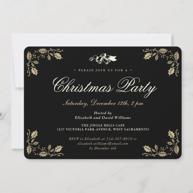 Invitation Soirée de Noël Holly Black Gold (Devant)