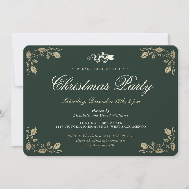 Invitation Soirée de Noël Holly Green Elegant (Devant)