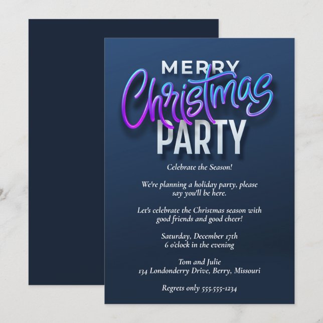 Invitation Soirée de Noël Joyeux Bleu (Devant / Derrière)