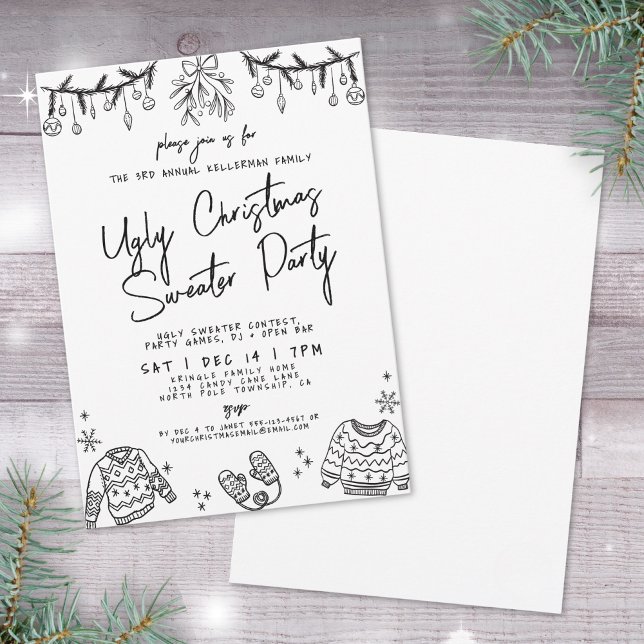 Invitation Soirée de Noël moche à la main (Hand Drawn Ugly Sweater Christmas Party Invitation)