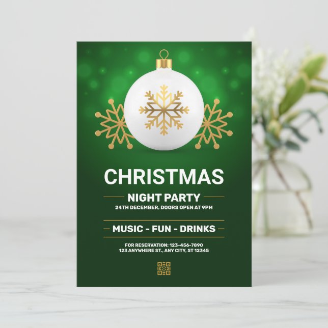 Invitation Soirée de Noël moderne verte et dorée, Noël (Debout devant)