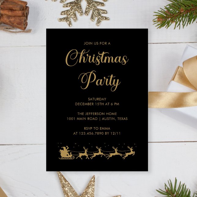 Invitation Soirée de Noël Noir Or Personnalisée (Personalized Elegant Gold Black Christmas Party Invitation)