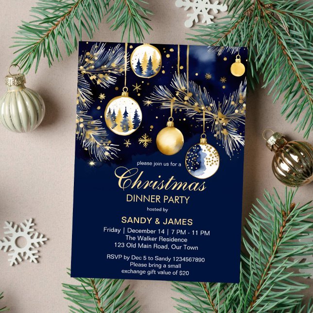 Invitation Soirée de Noël or et bleu marine baubles (Christmas dinner party elegant navy blue and gold baubles template invitation instant download)